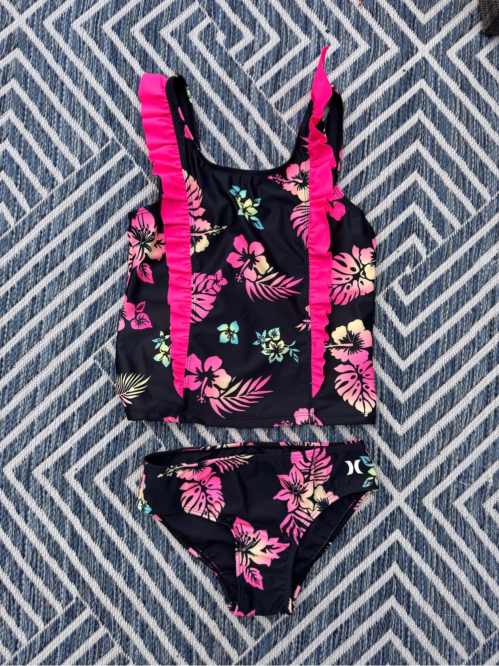 Hurley Black Floral Tankini with Pink Ruffle Straps